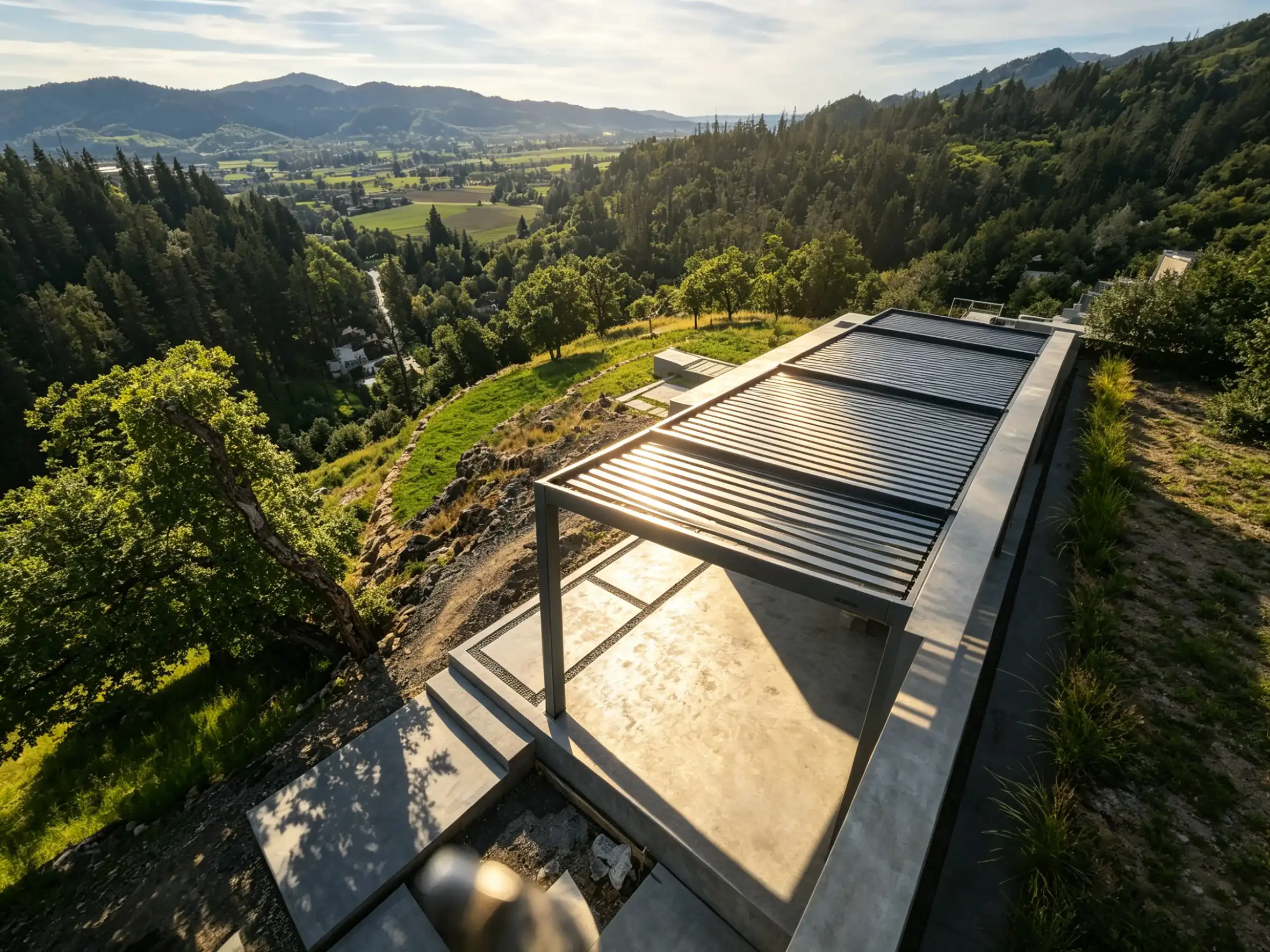Architectural louvred pergola at a hillside villa